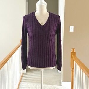 Chicos Womens Purple Ribbed V-Neck Sweater Long Sleeve Rayon Cotton Blend Size 2